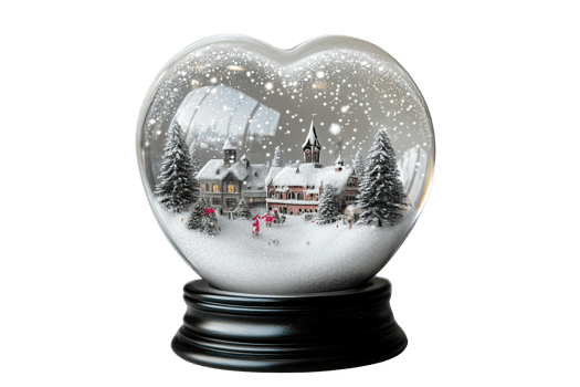 A charming snow globe featuring a winter village scene with snowfall and pine trees, set png