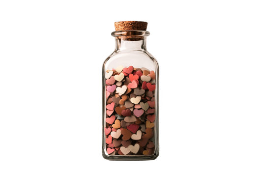 A decorative glass bottle filled with colorful heart-shaped cfetti png