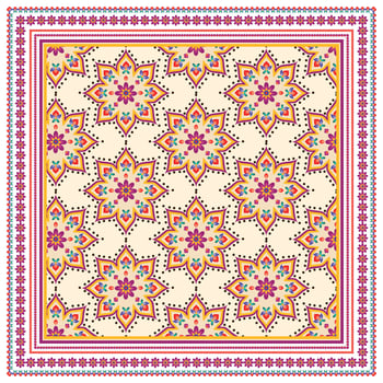 A vibrant square print scarf pattern featuring colorful floral stars on a cream background, border with intricate geometric designs. vector