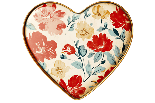 Heart-shaped tin with floral patterns, perfect for decorative and romantic settings. png