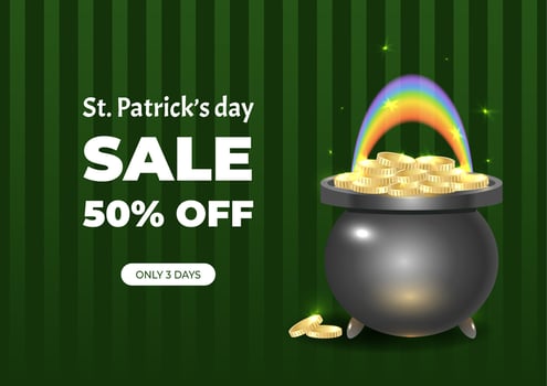 Happy Saint Patricks day sale banner with cauldron, golden coins, rainbow. illustration on green background. Promotional template vector