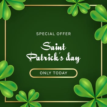 St. Patricks Day special offer with green quatrefoils. Coupon, certificate, discount, sale. illustration for shopping, fashion vector