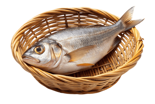 Fish in a basket on the kitchencounter png