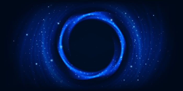 Glowing blue circular light effect dark starry background, swirl spiral glitter presentation banner vector