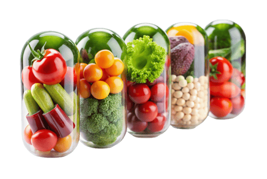 Fresh fruits and vegetables in mini baskets png