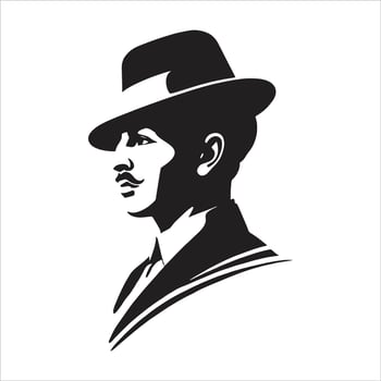 Bhagat Singh Portrait Silhouette Illustration in Black and White Iconic Indian Freedom Fighter, Revolutionary Hero, Independence Movement Leader Artwork vector