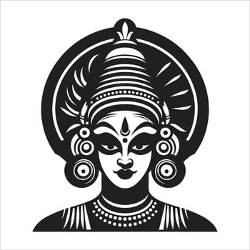 Traditional Kathakali Face Illustration in Black and White Kerala Classical Dance Art, Intricate Indian Culture Design for Tattoos, Stencils, and Decor vector