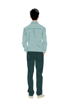 Young man in casual clothes standing rear view. Handsome guy in blue shirt and jeans turned back. vector