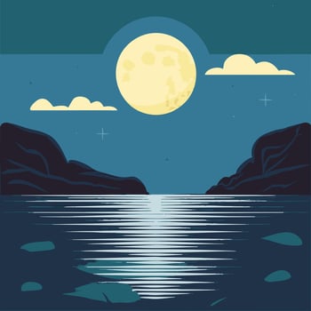 Moonlit waves softly touching the rocky shore vector