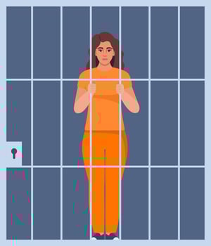 Prisoner woman behind bars of a prison cell. Punishment system for crime and law breaking. illustration. vector