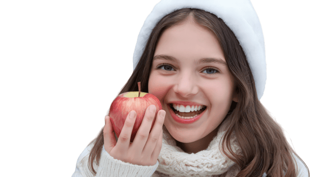 A cozy winter scene featuring a child holding a shiny red apple, evoking feelings of warmth and healthy choices during the colder months. Transparent background png