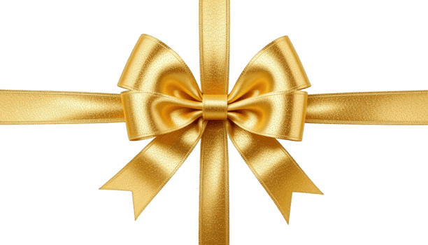 A stunning gold satin ribbon with a perfect bow, ideal for gift wrapping or festive decorations to add elegance. Transparent background png