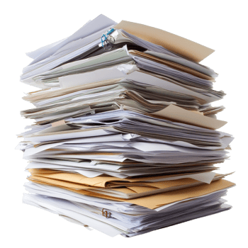 Busy stack of piled paper documents and files in a cluttered workspace environment, Stack paper documents files paperwork isolated magazines png