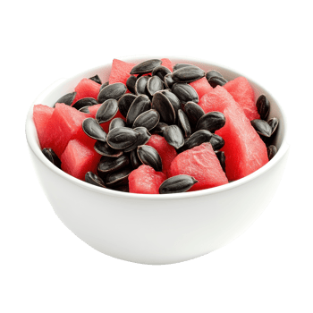 Fresh watermelon seeds mixed with juicy watermelon pieces in a white bowl on a Transparent background, watermelon seed in white bowl isolated on background png