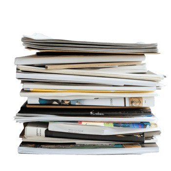 Stack of assorted papers and magazines resting on a Transparent background showcasing various styles and layouts, Stack papers and magazines, background png