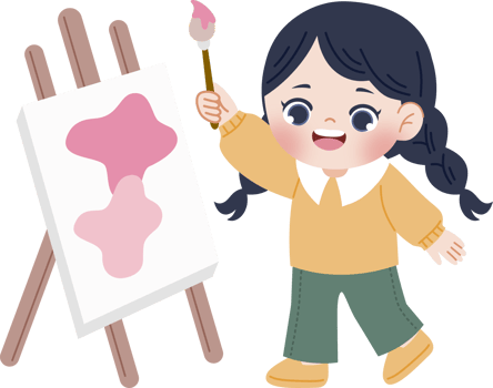 girl painting on an easel in yellow clothes png