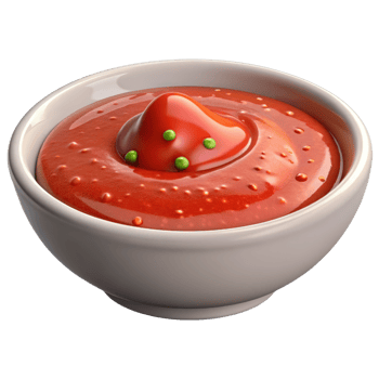 A bowl of tomato sauce with a green tomato on top png
