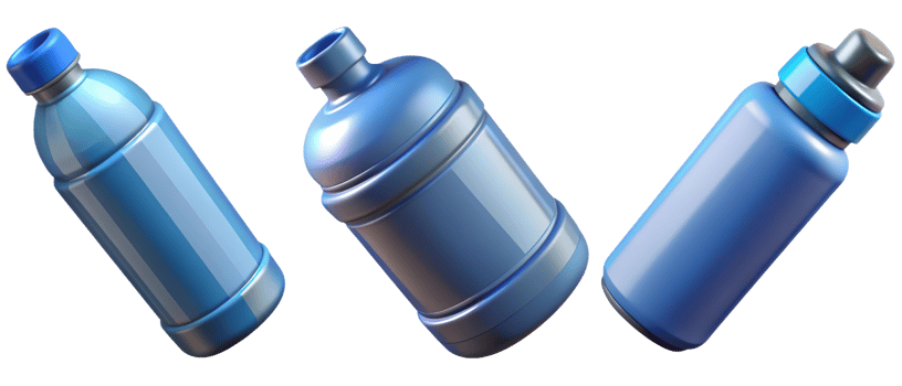 Three blue water bottles 3d render isolated on transparent png
