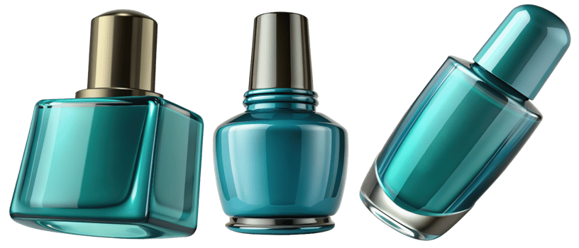 Three teal glass bottles 3d render isolated on transparent png