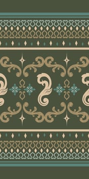 Detailed Ornate Scroll Ornament Pattern on Deep Green Olive Background. Exquisitely Embroidery Lace Gold Green Shades for Rich Elegant Texture Fabrics. cushion Pattern Decoration Glamorous weaves. vector