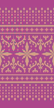 Luxury Ornament on Purple Violet and Gold Theme Embroidery Pattern. Enchant of Persia, Arabian Night Desert Decoration. Exquisitely Golden Silk Weaves Hand Draw with Florals Lace Geometric Seamless vector