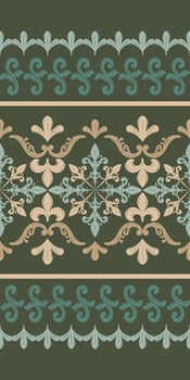 Scroll Pattern Interweaves Between the Fleur de Lis, featuring intricate, curling designs reminiscent of classical baroque and rococo style. Shades of Green and Gold making it perfect for high-end vector