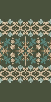 Luxury Ancient Motif Weaves Embroidery Detailed on Dark Green Background. Gold and Green Scroll Ornament decoration Pattern. Seamless Rich Elaborate Nature leaves vintage lace beautifully royal touch vector