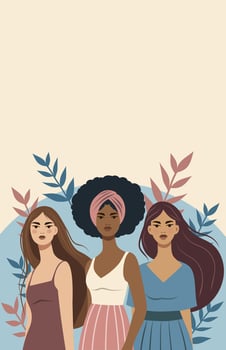 International Women's Day, women of different cultures and nationalities stand side by side against a backdrop of faces and flowers. Movements for gender equality and women's empowerment vector