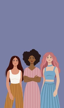 Women of different cultures, nationalities and skin colors stand side by side. illustration for women's holidays and projects. Women's Day, March 8. Gender equality and women's empowerment vector