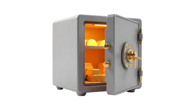 Gray Steel Safe Box Filled with Gold Bars and Coins Secure Storage Protection Security System png