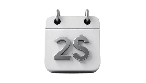 Two Dollars on a Calendar. A 3D Render of a Desk Calendar Displaying Two Dollars png