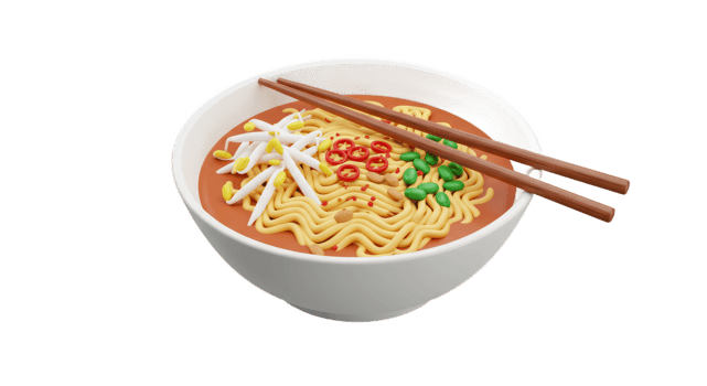 Delicious Spicy Ramen Noodles in a Bowl with Chopsticks 3D Render Asian Cuisine Food Photography png