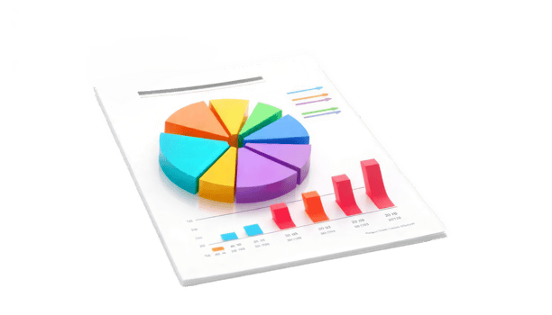Colorful 3D Pie Chart and Bar Graph Data Visualization on a Document. Business Report Analysis png