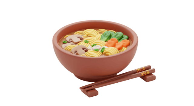 Delicious 3D Render of Asian Noodle Soup in Brown Bowl with Chopsticks png