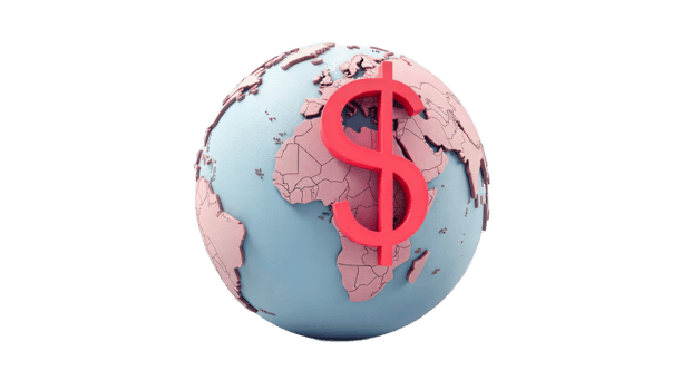 Global Finance 3D Render. A Red Dollar Sign on a Rotating Earth Globe Representing International Economics and Global Markets png