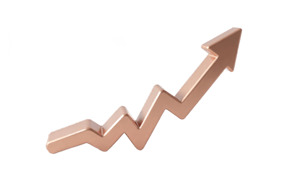 Rose Gold Upward Trending Arrow 3D Render. Growth, Success, and Progress Visualization png