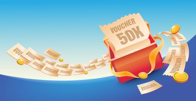 Gift box opens with discount code and coins fly around vector