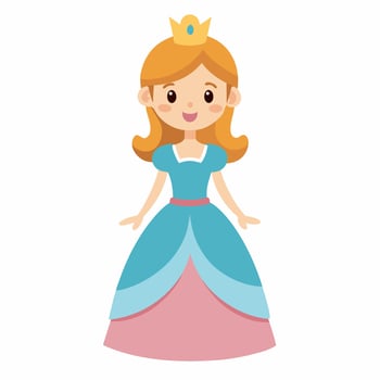 cartoon princess with long blonde hair and a blue dress. She is smiling and has a crown on her head. For Kids vector