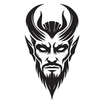 Silhouette Devil Face with Beard Intricate Horns Tattoo Design vector
