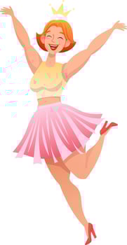 Happy joyful young woman celebrating holiday, party or Successfull victory, cheerful summer girl in pink skirt and yellow top jumping for joy with crown over red haired head vector