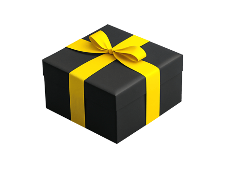 Black gift box with yellow ribbon and bow. Isometric png