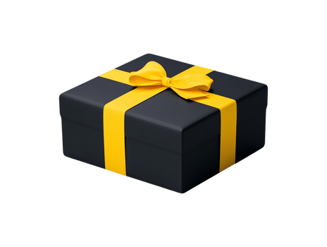 Black gift box with yellow ribbon and bow. Isometric. Isolated png