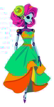 Female robot in elegant dress and high hairstyle. Bright illustration vector