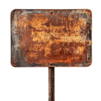 Vintage rusty metal sign with an empty surface displaying weathered texture and a sturdy pole, Rusty vintage empty metal sign isolated on Transparent background, background png