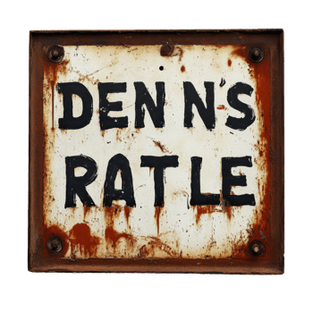 Rusty sign indicating a location with the unusual name of Dennis Rattle on a worn surface, sign that says demons traction on a rusty surface, Transparent background png