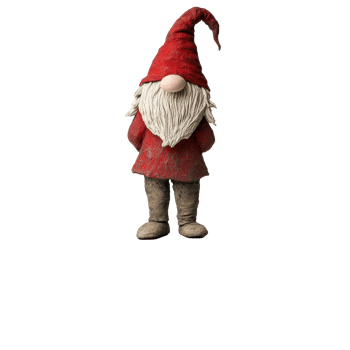 Whimsical gnome figure with red hat standing on stone pedestal in a bright setting, Whimsical Gnome Figure Standing on Stone Pedestal on Transparent background, background png