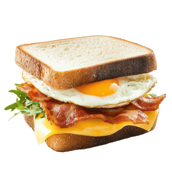 Delicious sandwich with bacon, cheese, and egg on white bread for breakfast enjoyment, Sandwich with bacon, cheese and egg isolated on Transparent background, background png