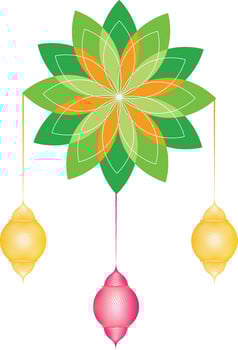 Vibrant Green and Yellow Mandala isolated Islamic lanterns white background. vector