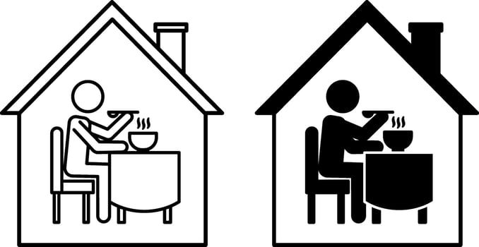 Eating House Icons. Black And White Art. Man In Establishment Eating Hot Soup. Building, Table And Chair. Fast Food Establishment, Cafe. Restaurant Concept vector