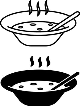 Soup Icons. Black and White Drawings. Liquid Dish, Food. Hot Broth on Plate, Spoon. Meal Concept vector